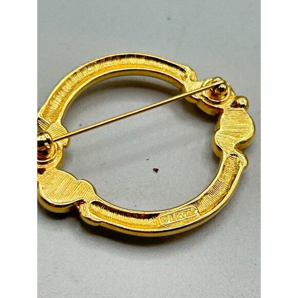Signed MONET Small Circle Pin Brooch Gold Tone Faux Pearls Elegant Classic Pin - Picture 5 of 10